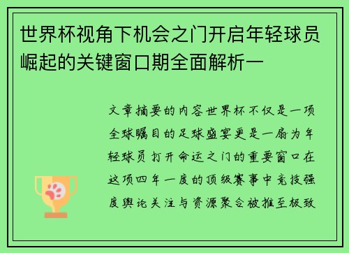 世界杯视角下机会之门开启年轻球员崛起的关键窗口期全面解析一