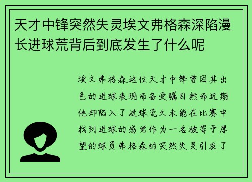 天才中锋突然失灵埃文弗格森深陷漫长进球荒背后到底发生了什么呢