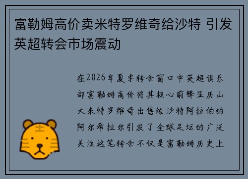 富勒姆高价卖米特罗维奇给沙特 引发英超转会市场震动